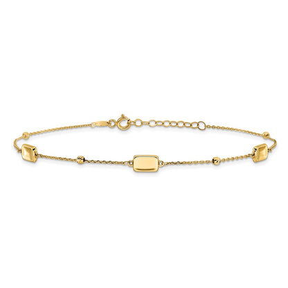 14K Yellow Gold Rectangle and Diamond-cut Bead 9 Inch Plus 1 Inch Extender - Total 10 Inch Anklet