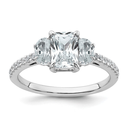 14K White Gold 1 5/8 carat Certified Lab Grown Diamond VS/SI+ G+ Radiant with Half Moon Complete Three Stone Engagement Ring