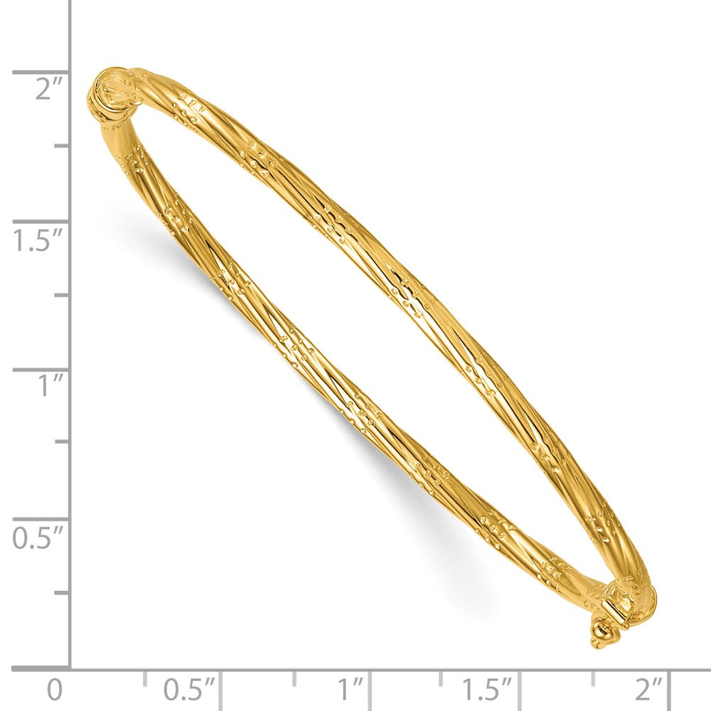 14K Yellow Gold Polished and Textured 2.90mm Twisted Hinged Oval Bangle Bracelet