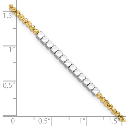 14K Two-Tone Gold Two-tone Diamond-cut Square and Round Beaded 7.5 Inch Bracelet