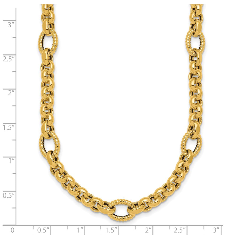 14K Yellow Gold Polished and Textured Rolo and Oval Fancy Chain 18 Inch Necklace