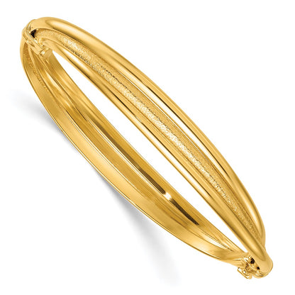14K Yellow Gold Polished and Textured Three-Row Twisted 8.50mm Hinged Oval Bangle Bracelet