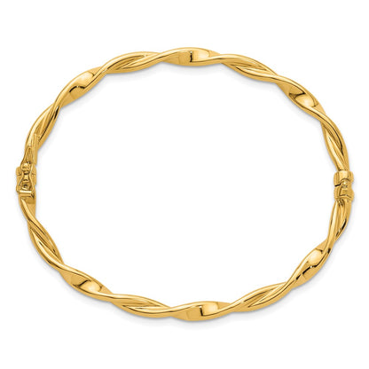 14K Yellow Gold Polished and Twisted 3.80mm Hinged Oval Bangle Bracelet