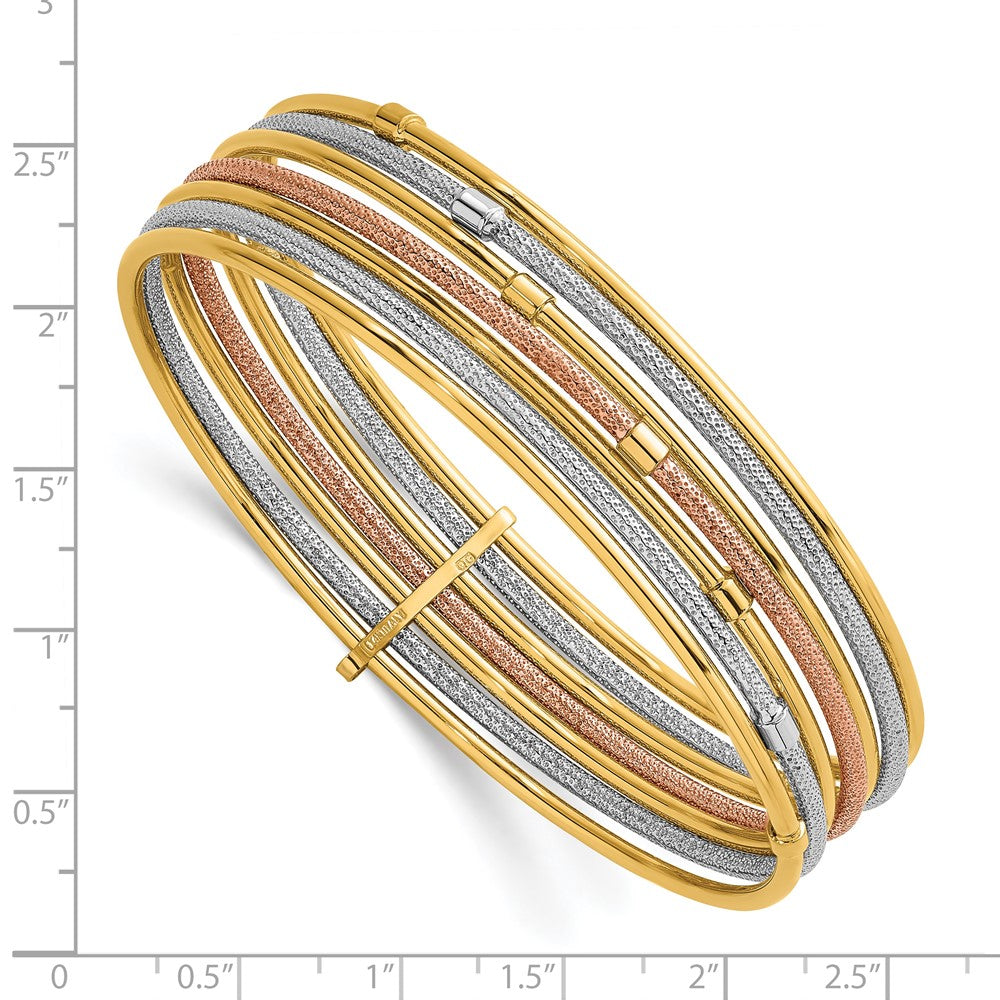14K Tri-Color Gold with and Rhodium Polished and Textured Beaded 7-Strand Slip-On Round Bangle Bracelet
