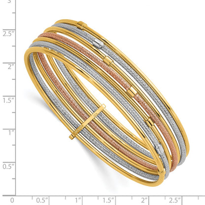 14K Tri-Color Gold with and Rhodium Polished and Textured Beaded 7-Strand Slip-On Round Bangle Bracelet