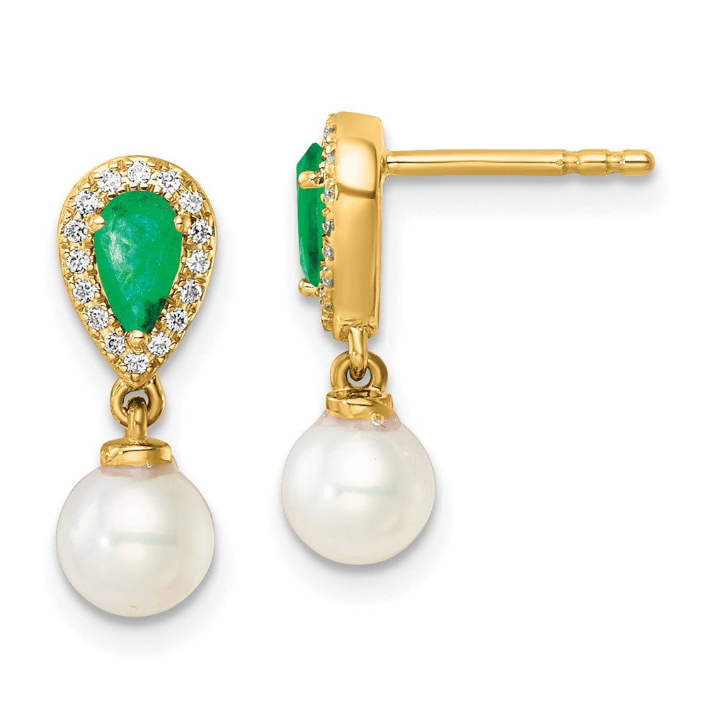14K Yellow Gold Round Freshwater Cultured Pearl/.09 carat Diamond/Pear Emerald Dangle Post Earrings