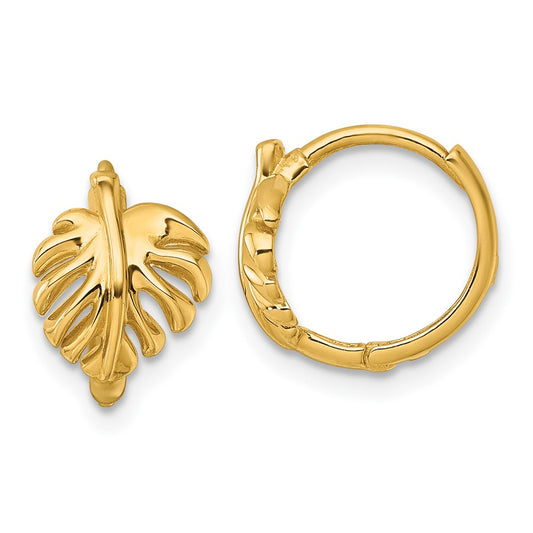 14K Yellow Gold Polished Monstera Leaf Round Hinged Hoop Earrings