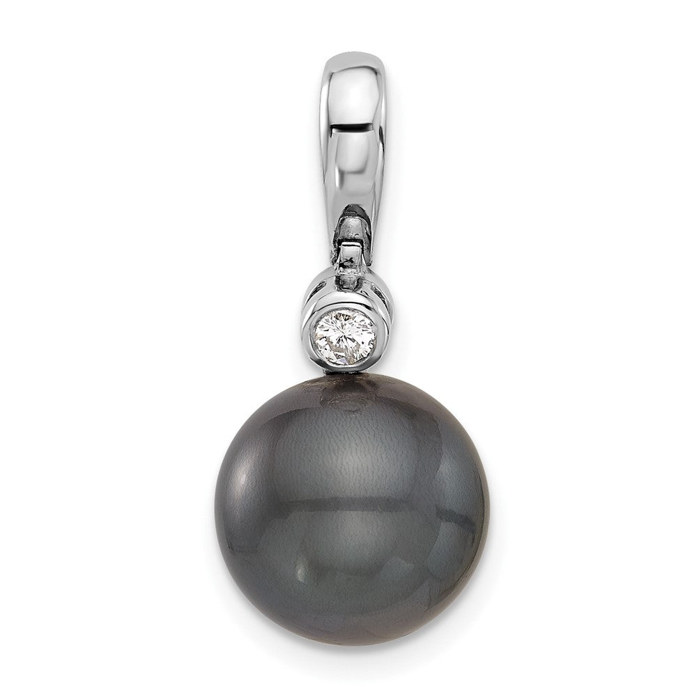 14K White Gold 11-12mm Black Round Tahitian Saltwater Cultured Pearl and .05 Carat Diamond Pendant