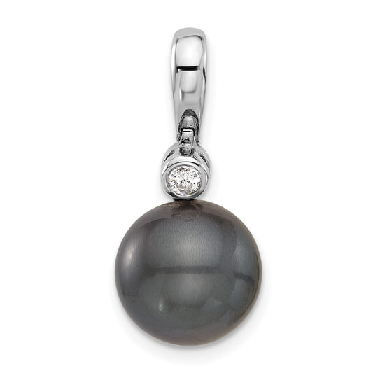 14K White Gold 11-12mm Black Round Tahitian Saltwater Cultured Pearl and .05 Carat Diamond Pendant