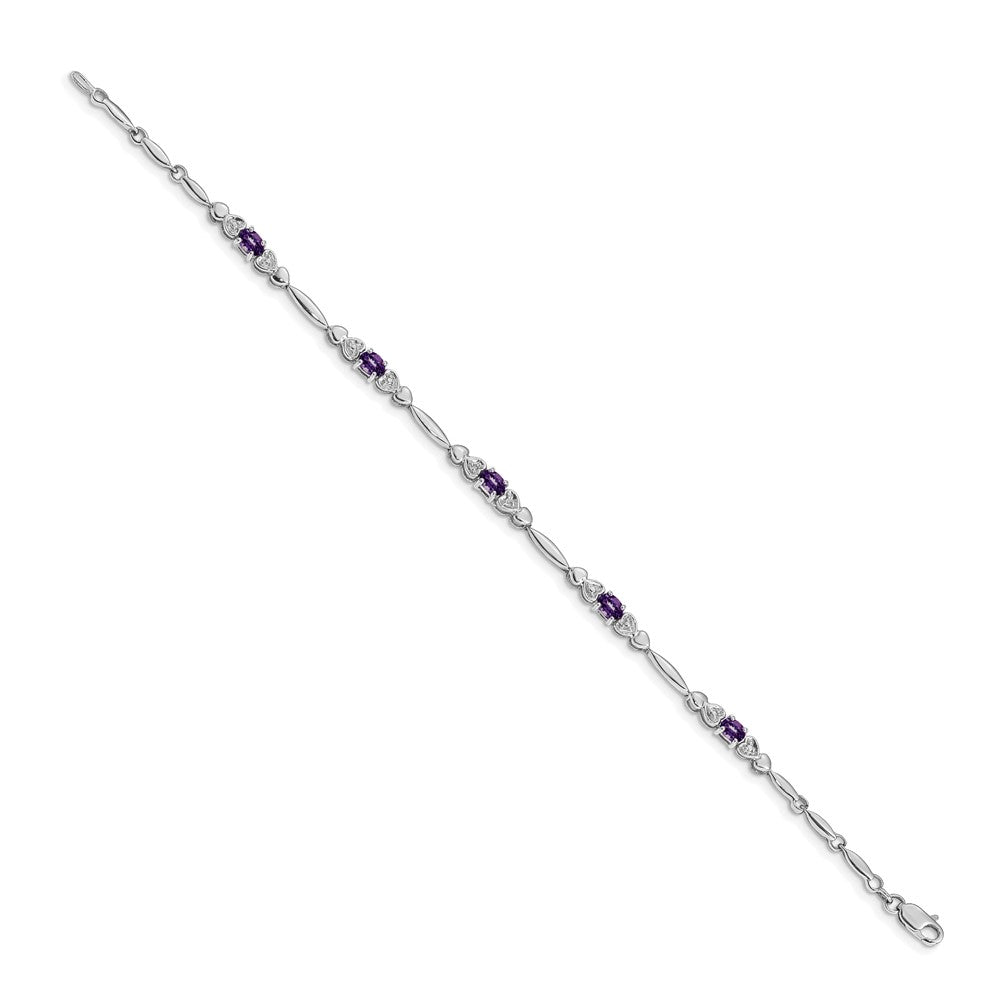 14K White Gold Complete Diamond and Oval Amethyst Heart Design 7 Inch Bracelet