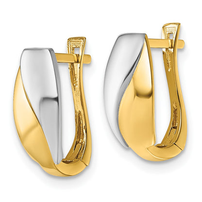 14K Yellow Gold with Rhodium Polished Hinged Hoop Earrings