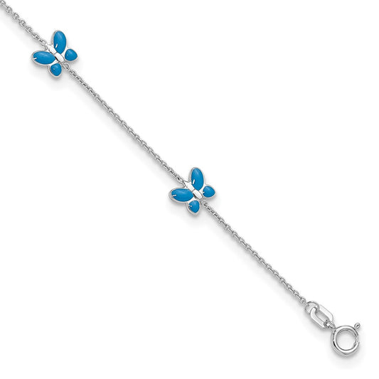14K White Gold Blue Enameled Butterflies 7-Station 10 Inch Anklet