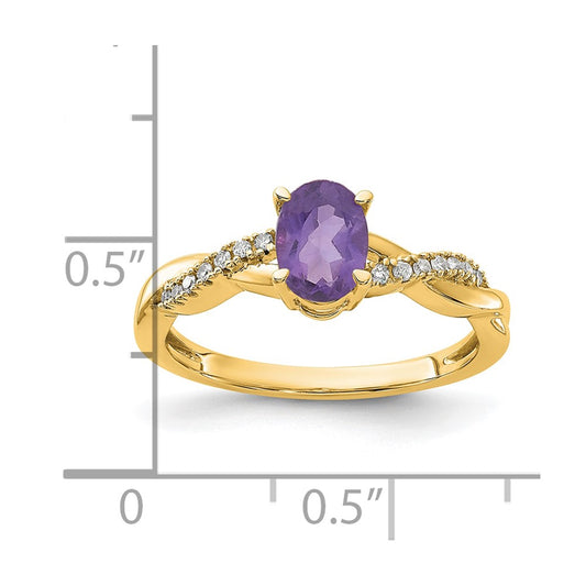 14K Yellow Gold 7x5 Oval February/Amethyst and Diamond Size 7 Ring