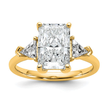 14K Yellow Gold 3 1/8 carat Certified Lab Grown Diamond VS/SI+ G+ Radiant and Triangle Complete Three Stone Engagement Ring