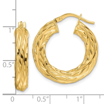 14K Yellow Gold Polished Woven Texture 4.75mm Round Hoop Earrings