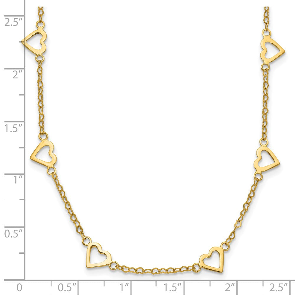 14K Yellow Gold Polished Open Hearts with Heart Link Chain 24 Inch Station Necklace
