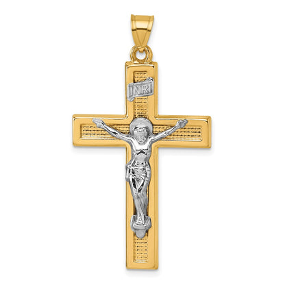 14K Yellow Gold with Rhodium Polished INRI Crucifix Cross Pendant