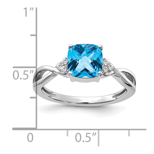 14K White Gold 7mm Cushion Checkerboard December/Blue Topaz and Diamond Ring