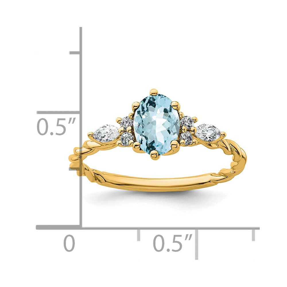 14K Yellow Gold Diamond and 7x5 Oval March/Aquamarine Size 7 Twisted Ring