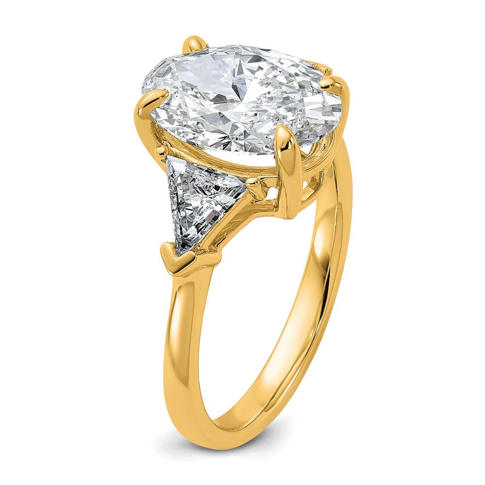 14K Yellow Gold 1 1/8 carat Lab Grown Diamond VS+ F+ Trillion and 3 carat Oval Center Semi Mount Three Stone Engagement Ring