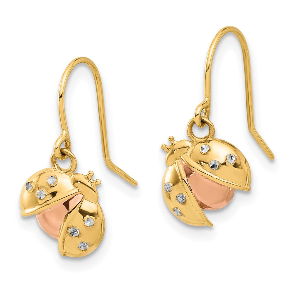 14K Yellow Gold with and Rhodium Diamond-cut Ladybug Dangle French Hook Earrings