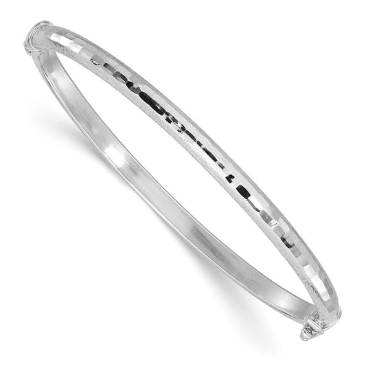 14K White Gold Diamond-cut and Laser-cut 4.10mm Hinged Oval Bangle Bracelet