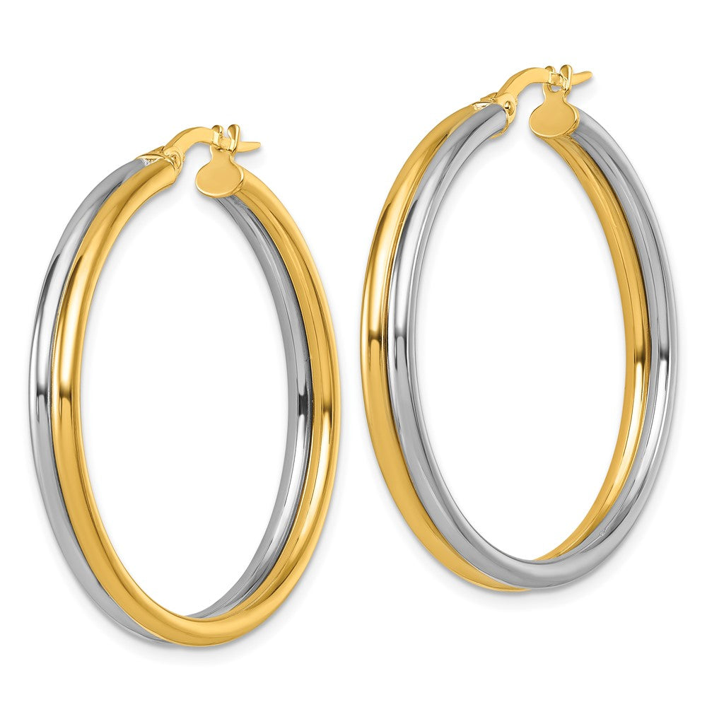 14K Yellow Gold with Rhodium Polished 4.00mm x 35mm Round Hoop Earrings