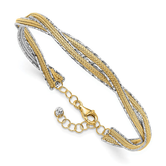 14K Two-Tone Gold Two-tone Diamond-cut and Textured Braided 6.70mm with Safety Chain Flexible Oval Bangle Bracelet