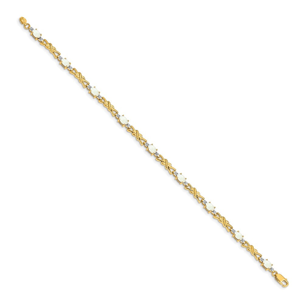 14K Yellow Gold Complete Diamond and Oval Opal X-design 7.25 Inch Bracelet