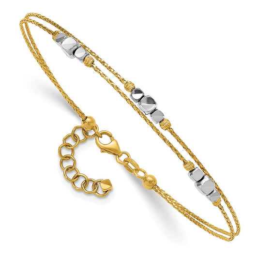 14K Two-Tone Gold Polished Diamond-cut Double Strand Beaded 7 Inch Bracelet with 1 Inch Extension