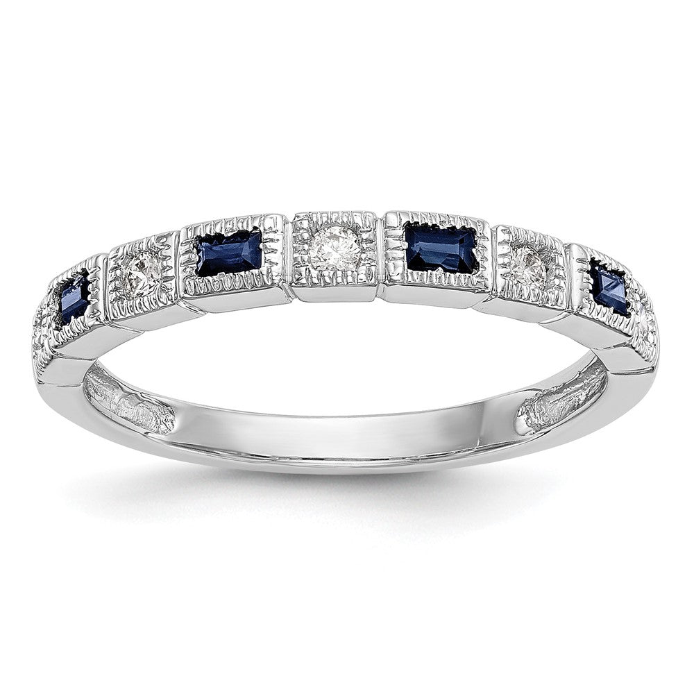 14K White Gold 1/10 carat Diamond and Blue Sapphire Complete Wedding Band Ring