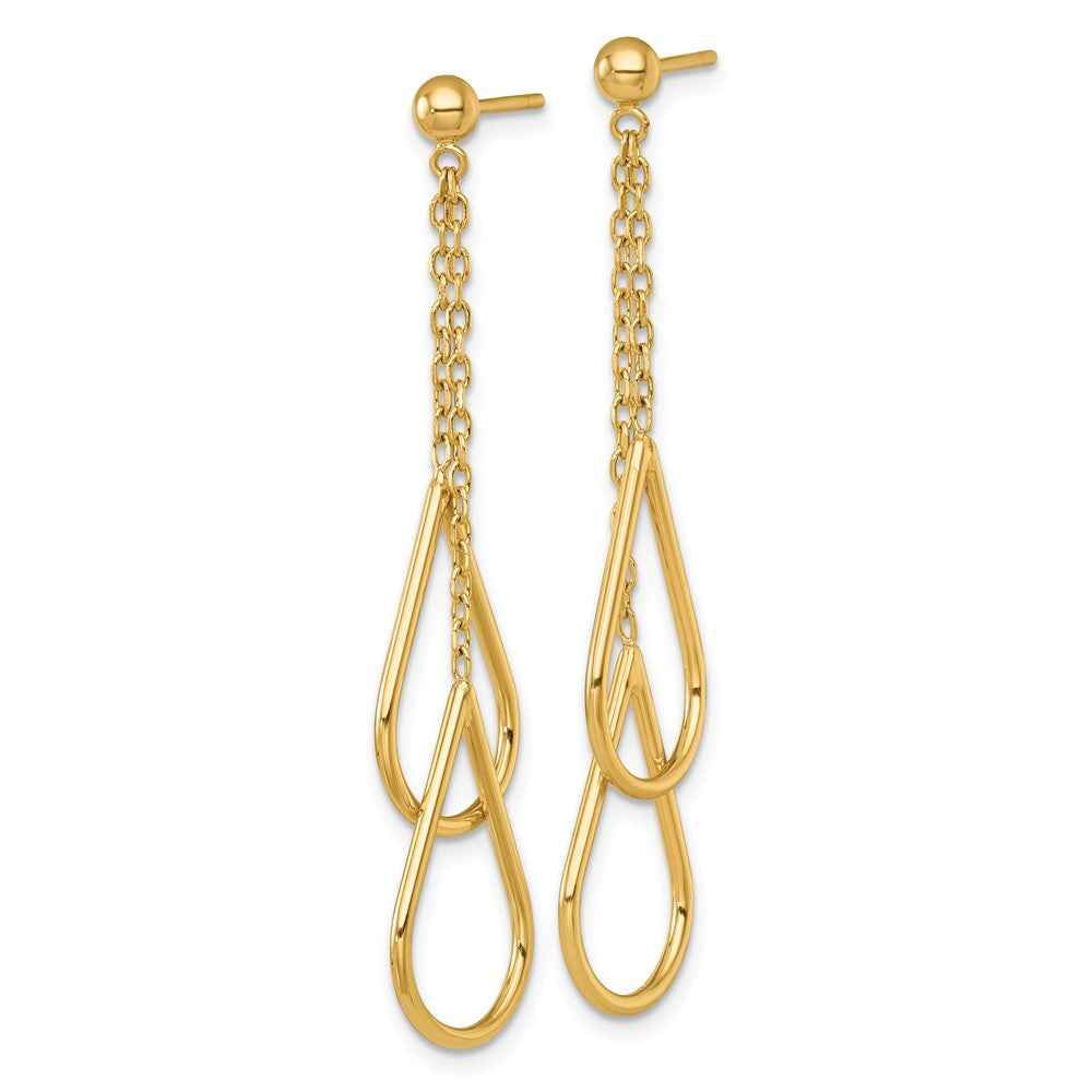 14K Yellow Gold Polished Two Teardrops and Chain Dangle Post Earrings