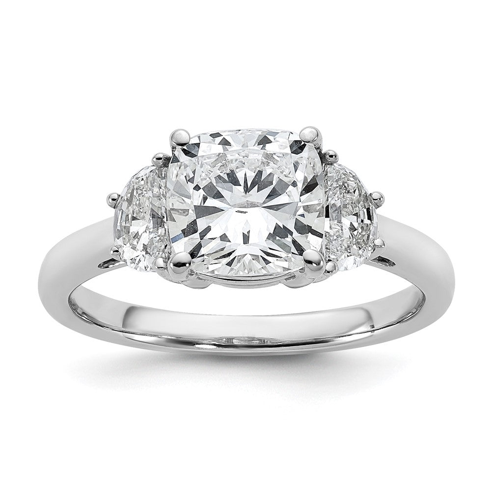 14K White Gold 1/2 carat Lab Grown Diamond VS+ F+ Half Moon and 2 carat Cushion Center Semi Mount Three Stone Engagement Ring