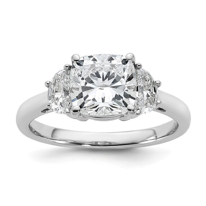 14K White Gold 1/2 carat Lab Grown Diamond VS+ F+ Half Moon and 2 carat Cushion Center Semi Mount Three Stone Engagement Ring