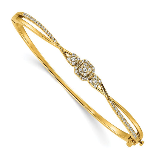 14K Yellow Gold Polished and Textured Complete 1/2 carat Diamond Fashion Hinged Oval Bangle Bracelet