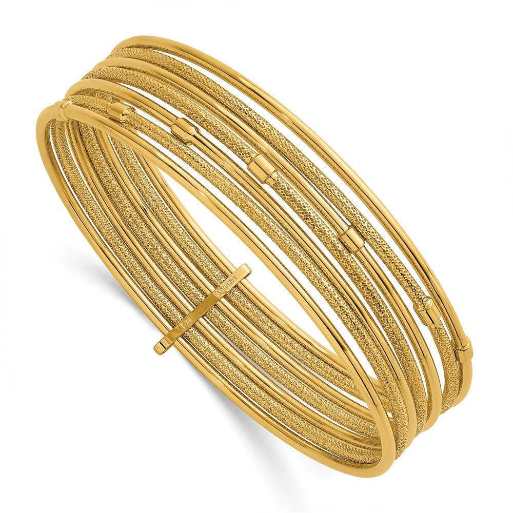 14K Yellow Gold Polished and Textured Beaded 7-Strand Slip-On Round Bangle Bracelet