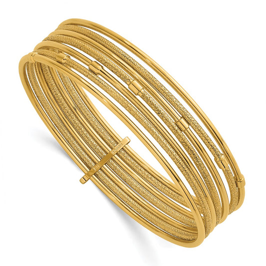 14K Yellow Gold Polished and Textured Beaded 7-Strand Slip-On Round Bangle Bracelet