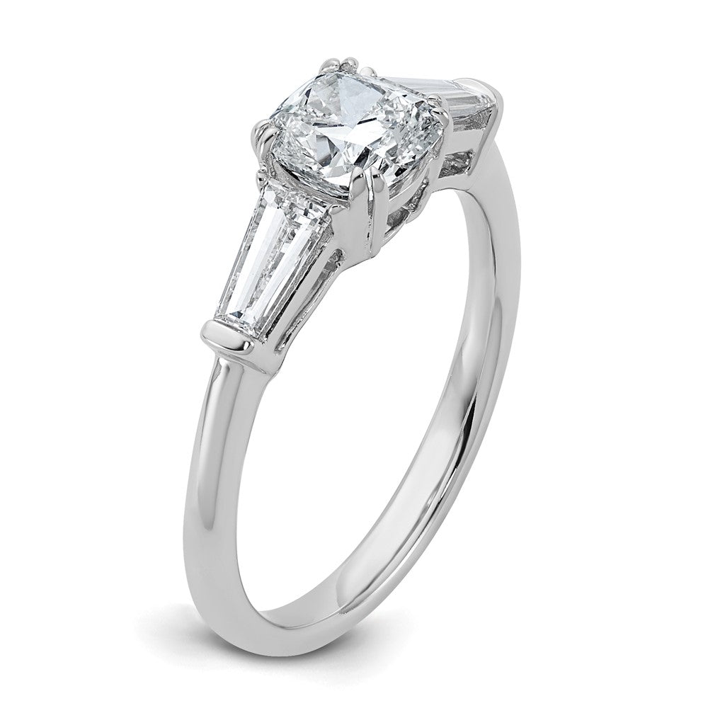 14K White Gold 1/2 carat Lab Grown Diamond VS+ F+ Tapered Baguette 1 carat Cushion Center Semi Mount Three Stone Engagement Ring