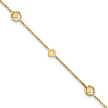 14K Yellow Gold Polished Geometric 5-Station 9 Inch Plus 1 Inch Extender - Total 10 Inch Anklet