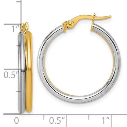 14K Yellow Gold with Rhodium Polished 4.00mm x 24mm Round Hoop Earrings