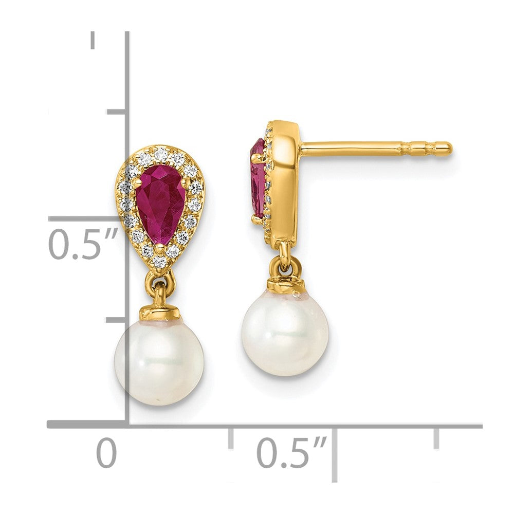 14K Yellow Gold Round Freshwater Cultured Pearl/.09 carat Diamond/Pear Ruby Dangle Post Earrings