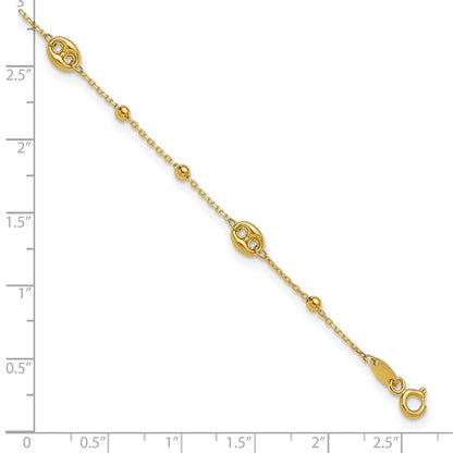 14K Yellow Gold Puffed Mariner Beaded 9 Inch Plus 1 Inch Extender - Total 10 Inch Anklet