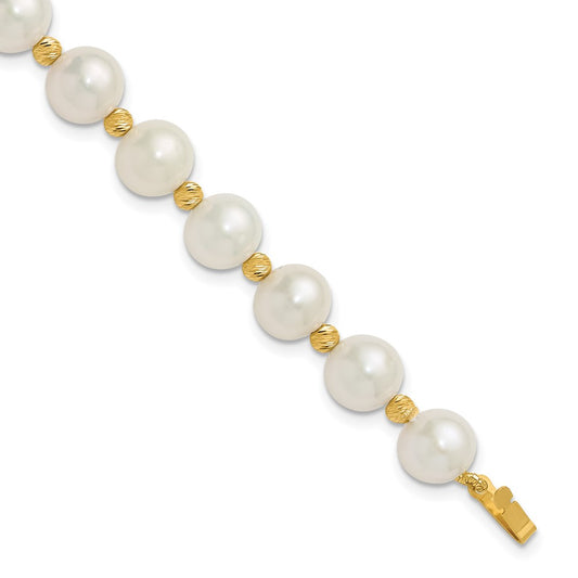 14K Yellow Gold 8-9mm Near-Round Freshwater Cultured Pearl and Diamond-cut Beaded 7.5 Inch Bracelet