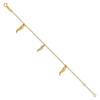 14K Yellow Gold Polished CZ Three Italian Horn Dangles 5.75 Inch Childrens Bracelet Plus 0.75 Inch Extender