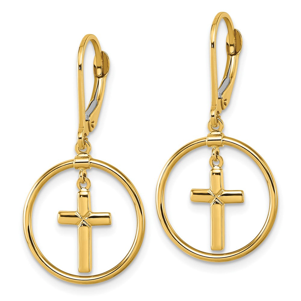 14K Yellow Gold Polished Cross in Circle Leverback Dangle Earrings