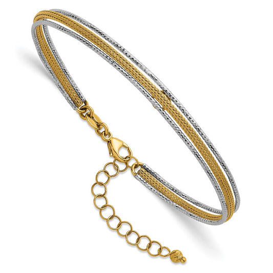 14K Two-Tone Gold Textured Woven 5mm Flexible Bangle Bracelet Plus 1.25 Inch Extender