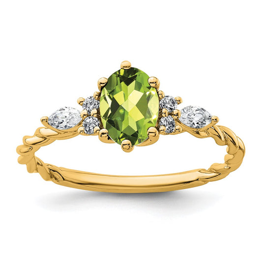 14K Yellow Gold Diamond and 7x5 Oval August/Peridot Size 7 Twisted Ring