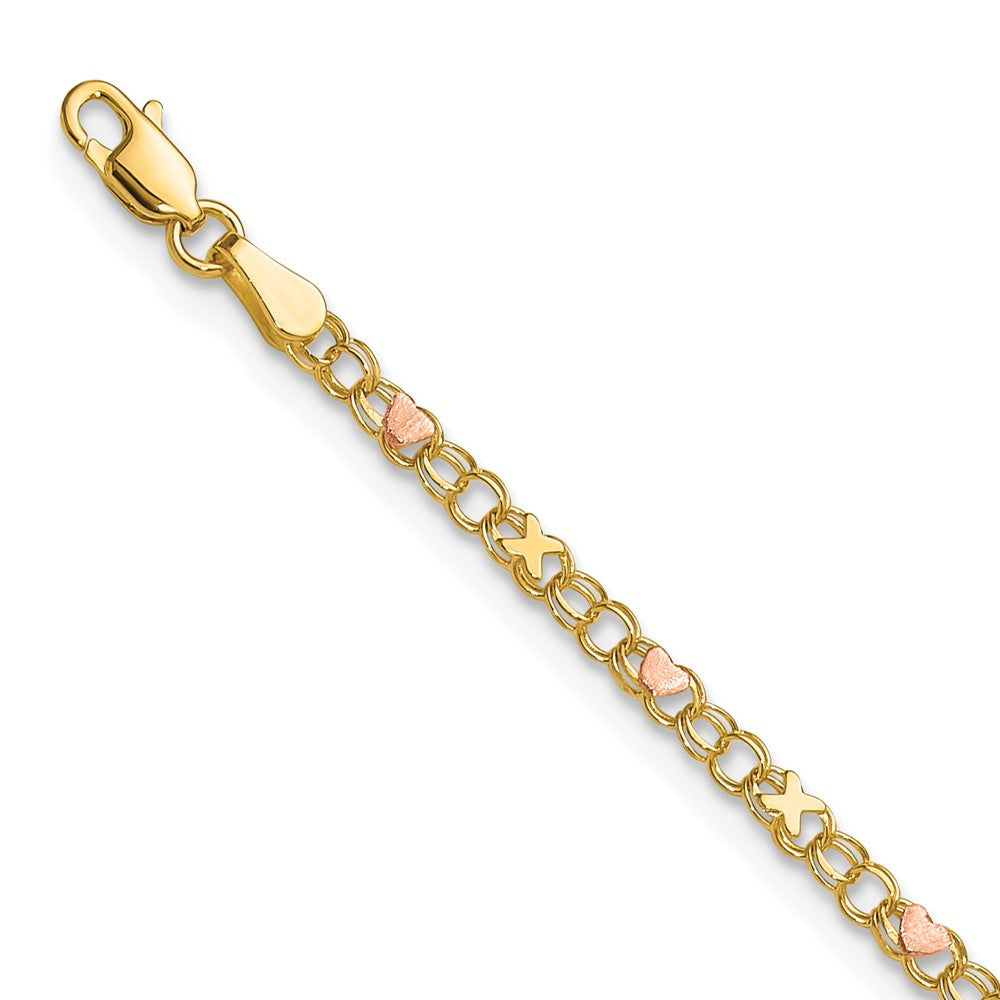 14K Two-Tone Gold Polished and Satin -plated X-and-Heart 10 Inch Anklet