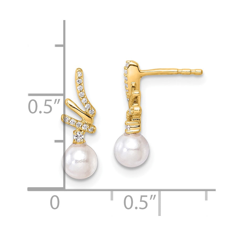 14K Yellow Gold Polished 1/10 carat Diamond and Freshwater Cultured Pearl Drop Post Earrings
