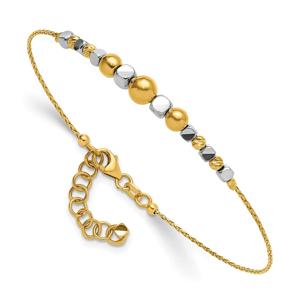 14K Two-Tone Gold Polished Diamond-cut Round and Square Beaded 7 Inch Bracelet with 1 Inch Extension